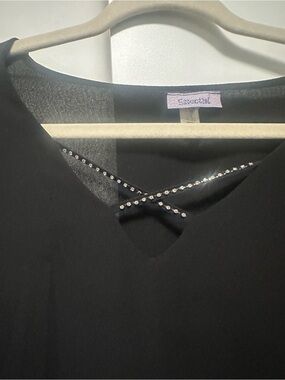 Essentials Black Women's Top with Rhinestone Crisscross Detail